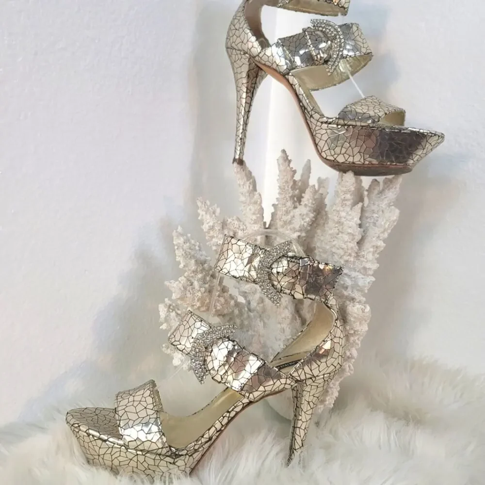 CLAUDIA CIUTI Silver Italian Mirror Mosaic Platform Heels Rhinestone Buckle Glam